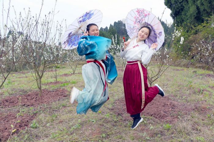 汉服美女畅游花海。
