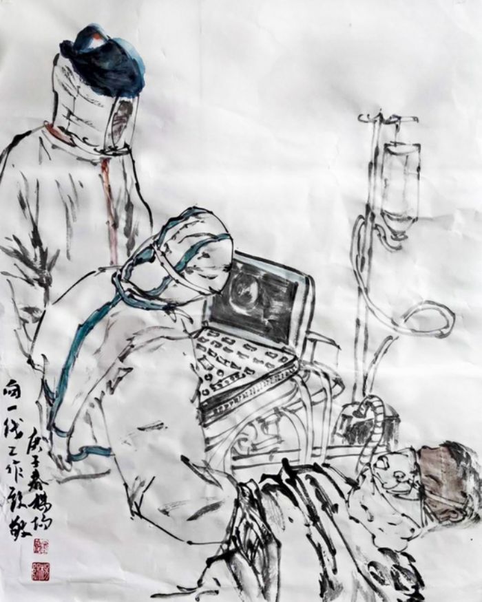 《向一线工作者致敬》国画杨阳潼南区朱家小学教师
